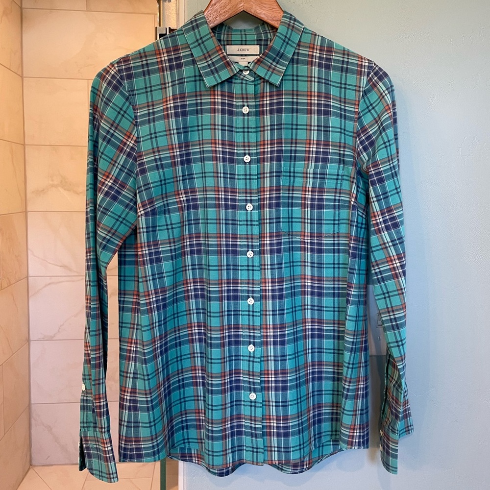 J. Crew Turquoise Boy Fit Plaid Button Down Shirt